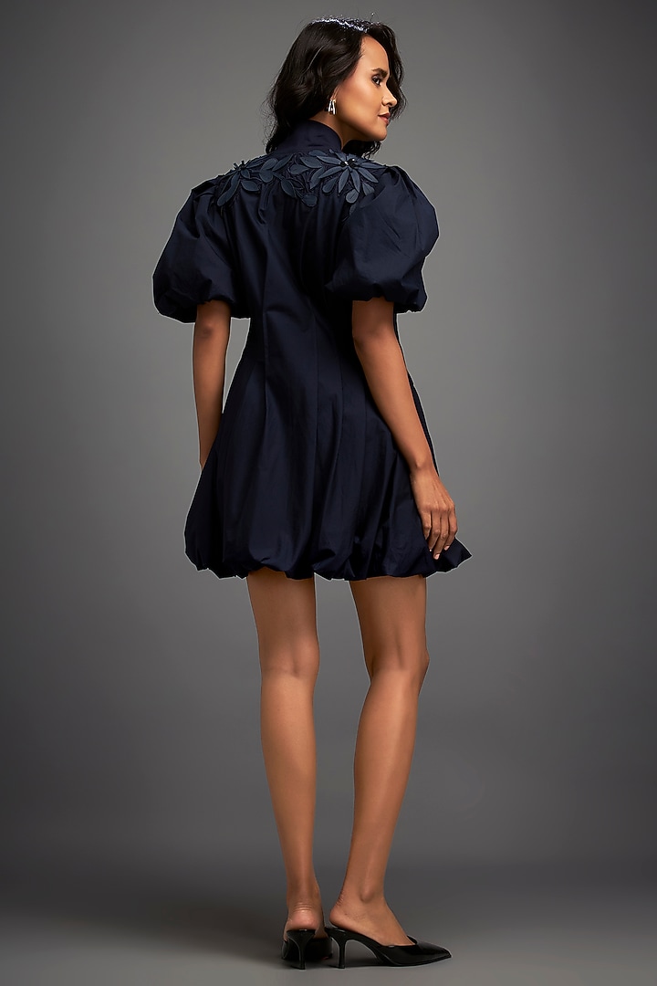 Navy Blue Cotton & Vegan Leather Structured Mini Summer Dress by Deepika Arora at Pernia's Pop Up Shop