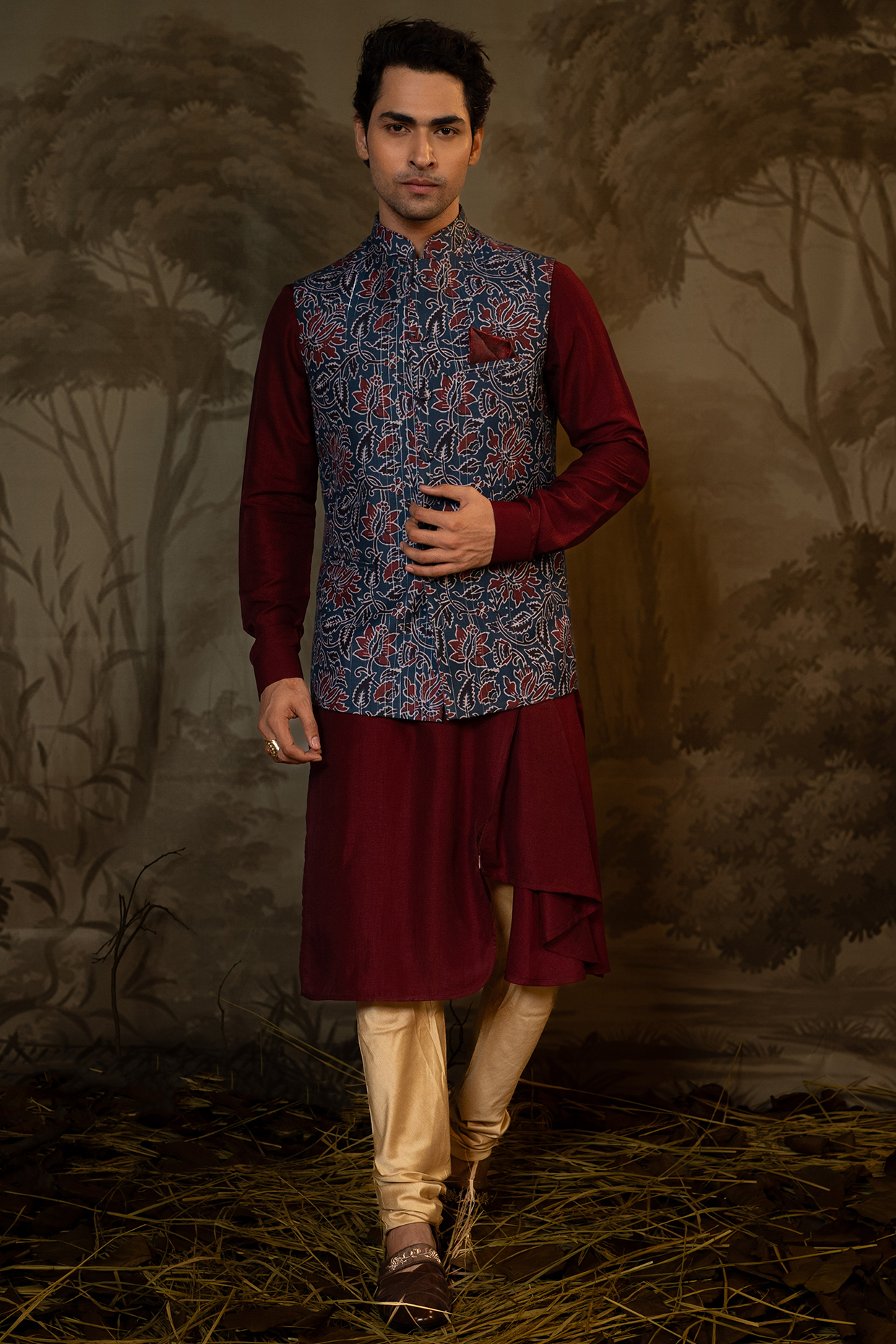 Navy Viscose Floral Printed Bundi Jacket Set by Darshika