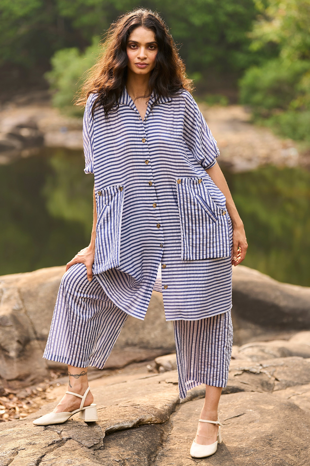 Multi-Colored Rayon & Nylon Striped Shirt by Dash and Dot at Pernia's Pop Up Shop