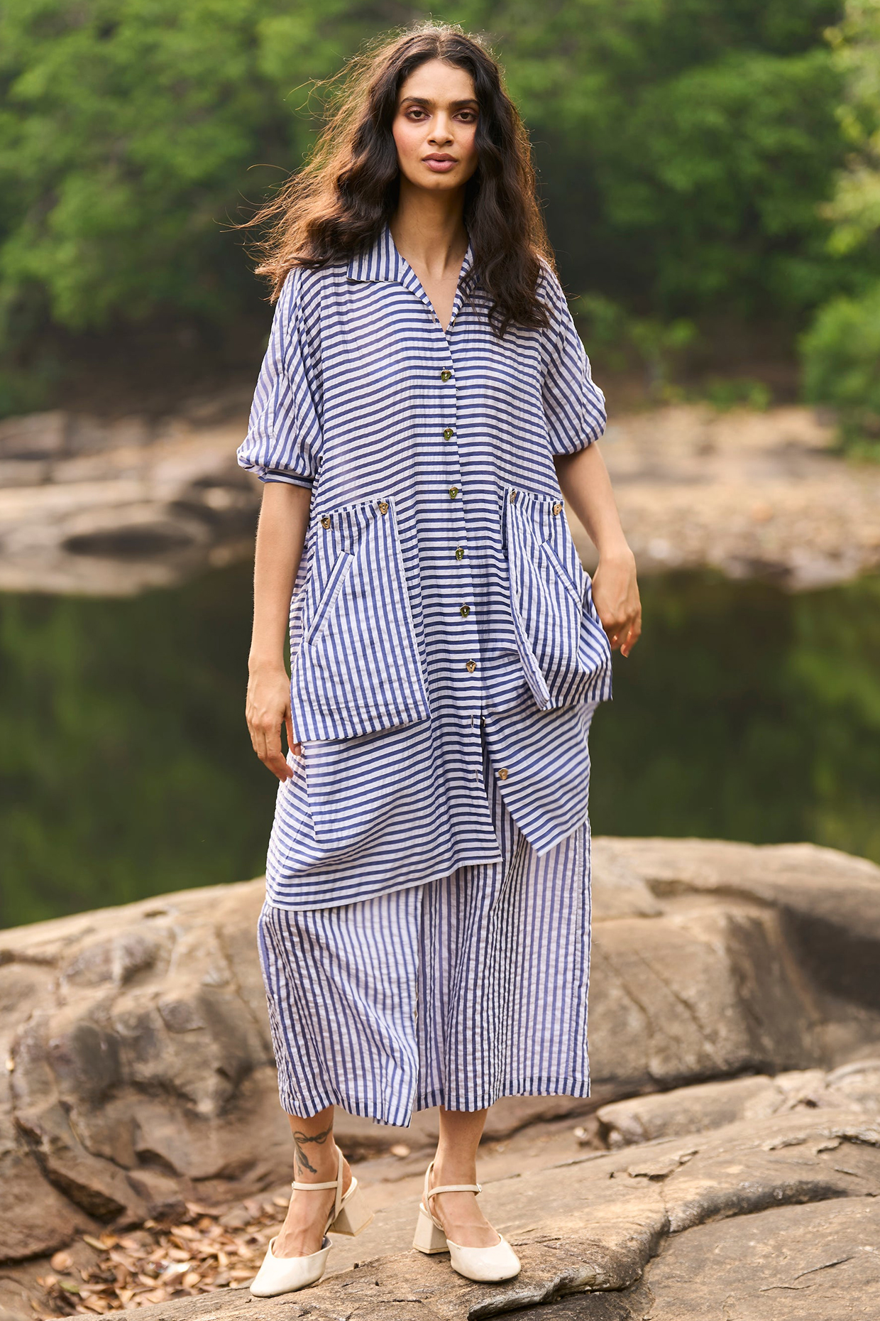 Multi-Colored Rayon & Nylon Striped Co-Ord Set by Dash and Dot at Pernia's Pop Up Shop