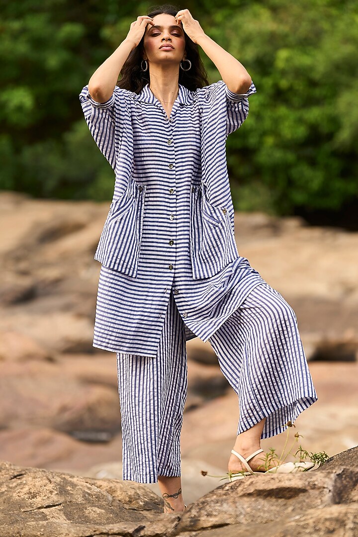 Multi-Colored Rayon & Nylon Striped Co-Ord Set by Dash and Dot at Pernia's Pop Up Shop