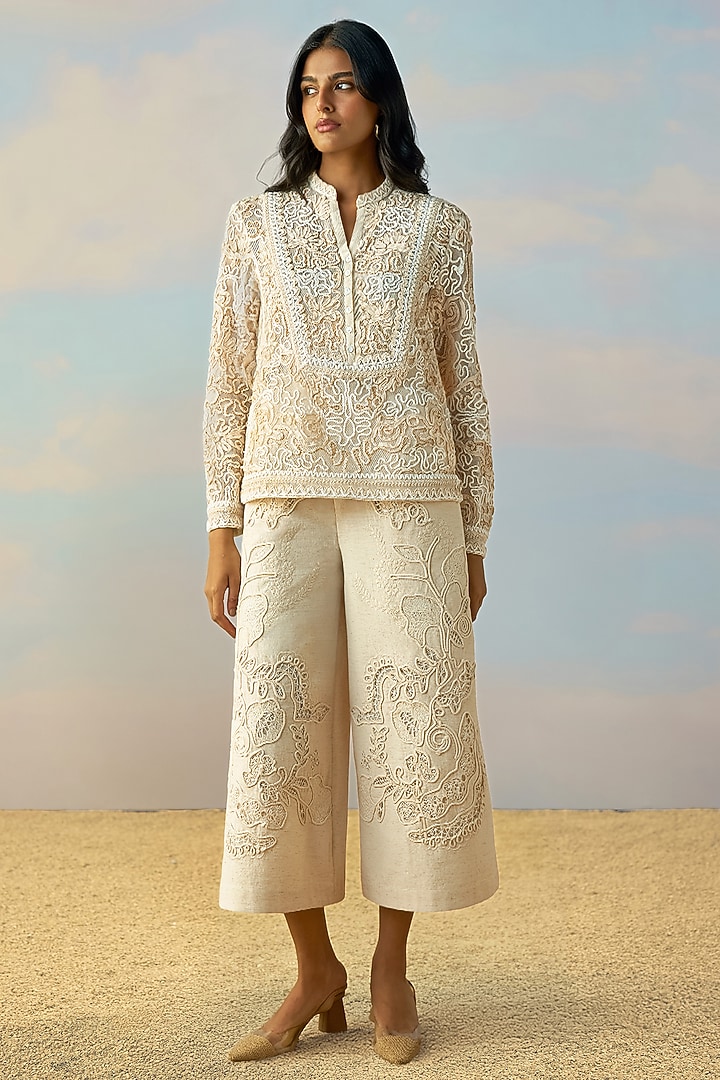 Pearlescent Ivory Linen Wide-Leg Pants by Dash and Dot at Pernia's Pop Up Shop