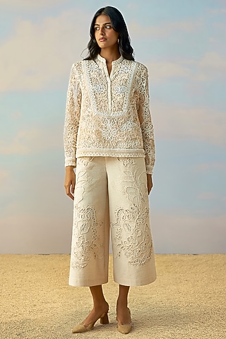 Pearlescent Ivory Linen Wide-Leg Pants by Dash and Dot