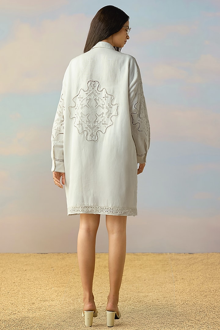 Pearlescent Ivory Viscose Linen Lacework Mini Summer Shirt Dress by Dash and Dot at Pernia's Pop Up Shop