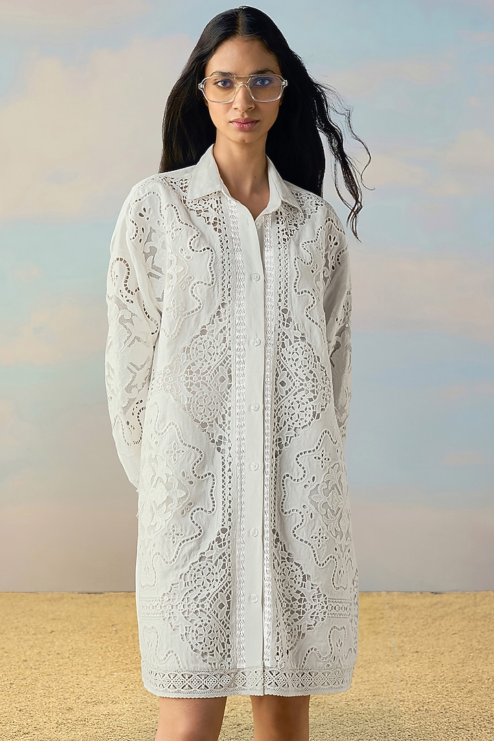 Pearlescent Ivory Viscose Linen Lacework Mini Summer Shirt Dress by Dash and Dot at Pernia's Pop Up Shop