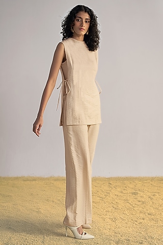 Beige Silk & Linen Pants by Dash and Dot