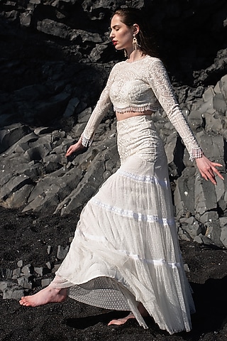 White Tulle Embroidered Skirt Set by SEEMA GUJRAL X DASH AND DOT