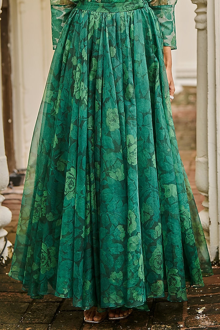 Tonal Green Organza Printed Maxi Skirt by Dash and Dot at Pernia's Pop Up Shop