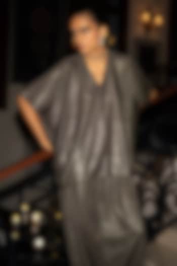Pewter-Colored Knit Foil Printed Textured Boxy Top by Dash and Dot at Pernia's Pop Up Shop