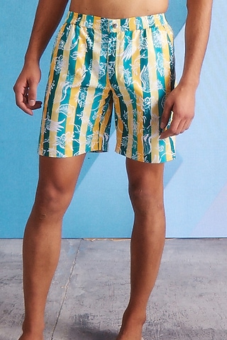 Green & Yellow Polyester Printed Swim Shorts by Dash and Dot Men