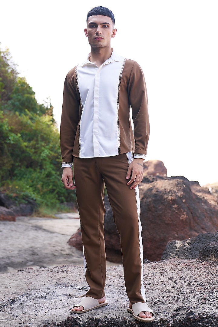 Brown & Ivory Polyester Viscose Pants by Dash and Dot Men