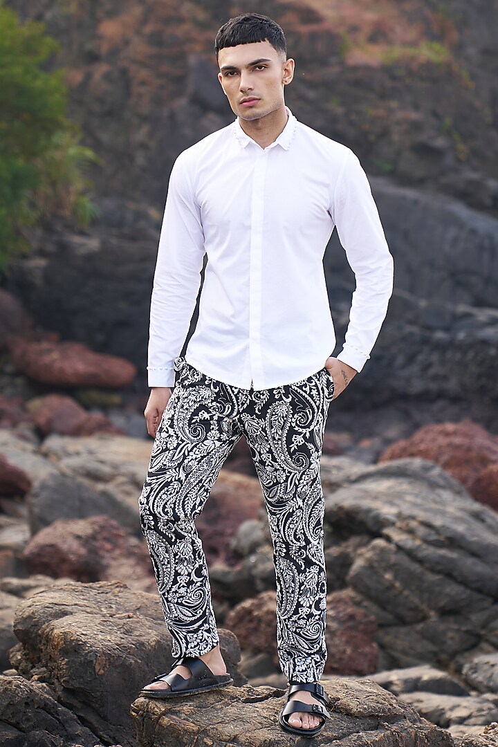 White Cotton Pearl Embellished Summer Shirt by Dash and Dot Men at Pernia's Pop Up Shop