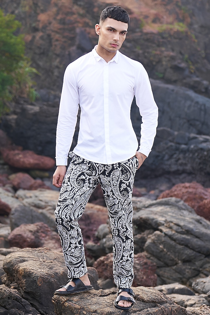 White Cotton Pearl Embellished Summer Shirt by Dash and Dot Men at Pernia's Pop Up Shop