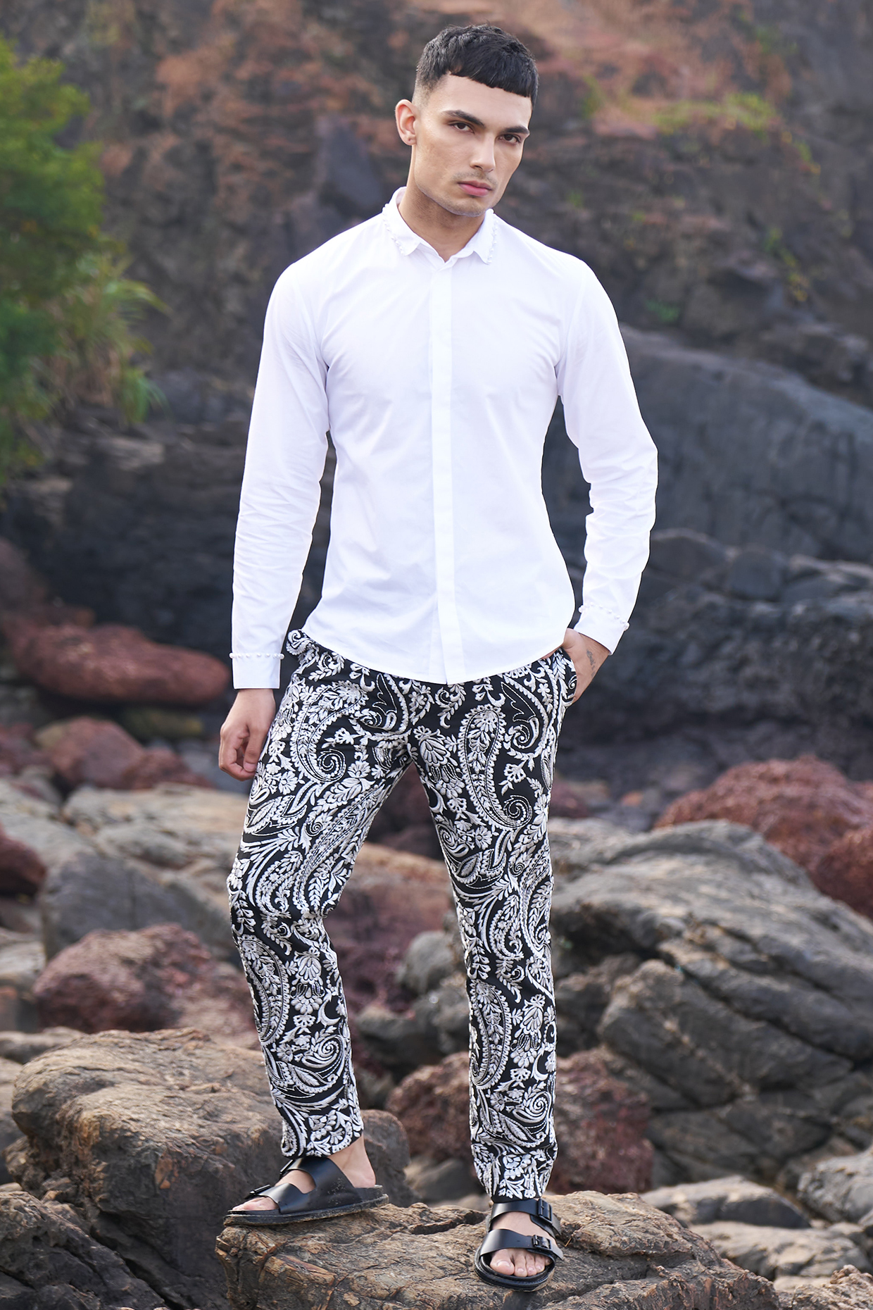 Black Polyester Viscose Embroidered Pants by Dash and Dot Men at Pernia's Pop Up Shop