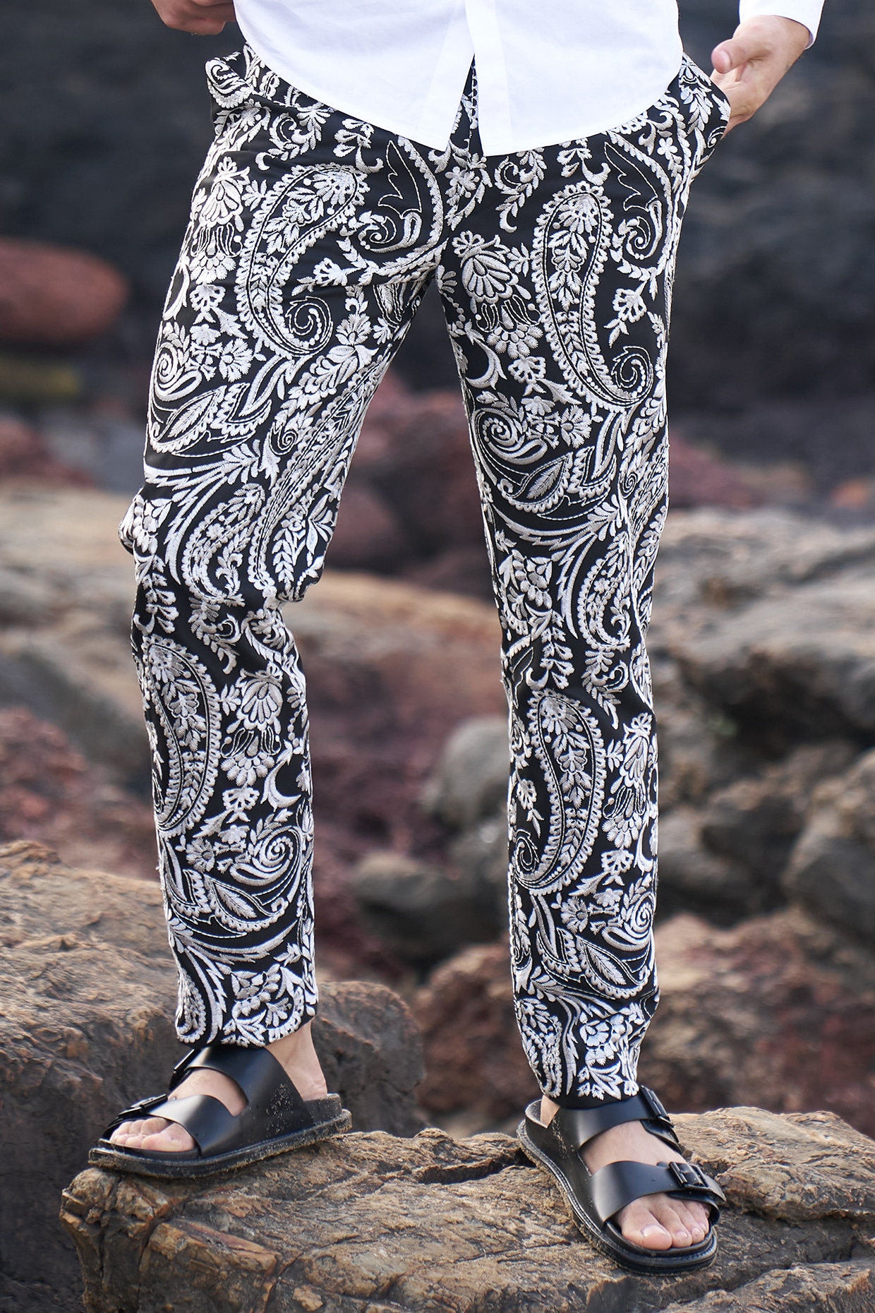 Black Polyester Viscose Embroidered Pants by Dash and Dot Men at