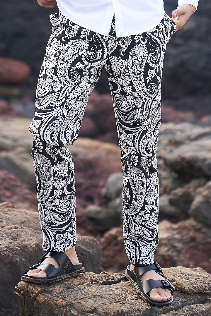 Black Polyester Viscose Embroidered Pants by Dash and Dot Men at Pernia's Pop Up Shop