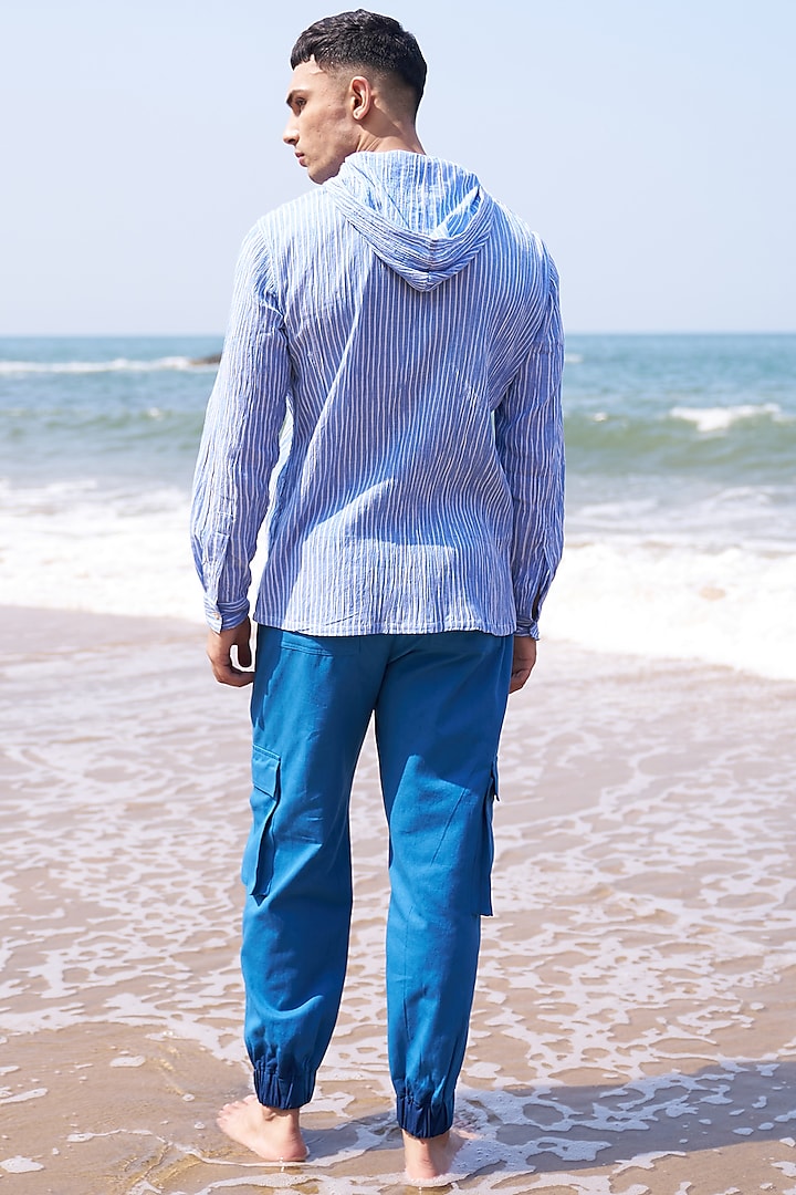 Blue & White Crinkle Cotton Hoodie by Dash and Dot Men at Pernia's Pop Up Shop