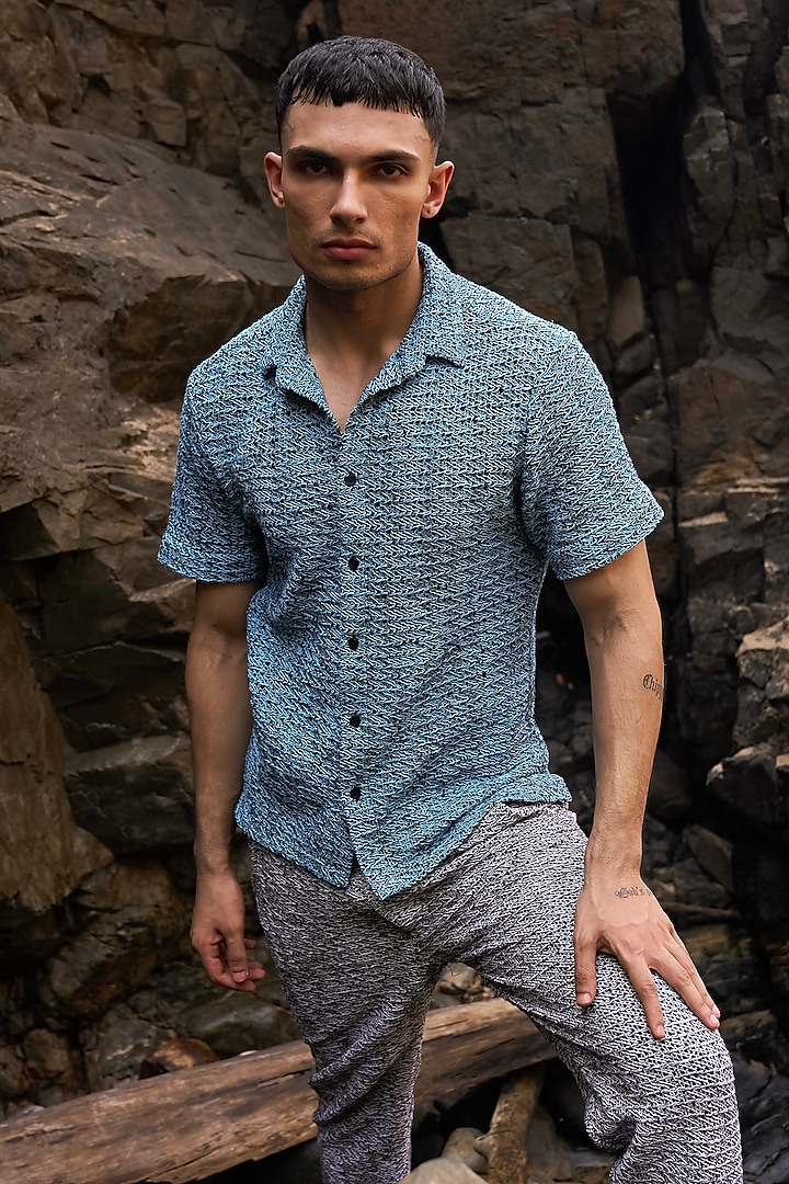 Blue Cotton Textured Shirt by Dash and Dot Men