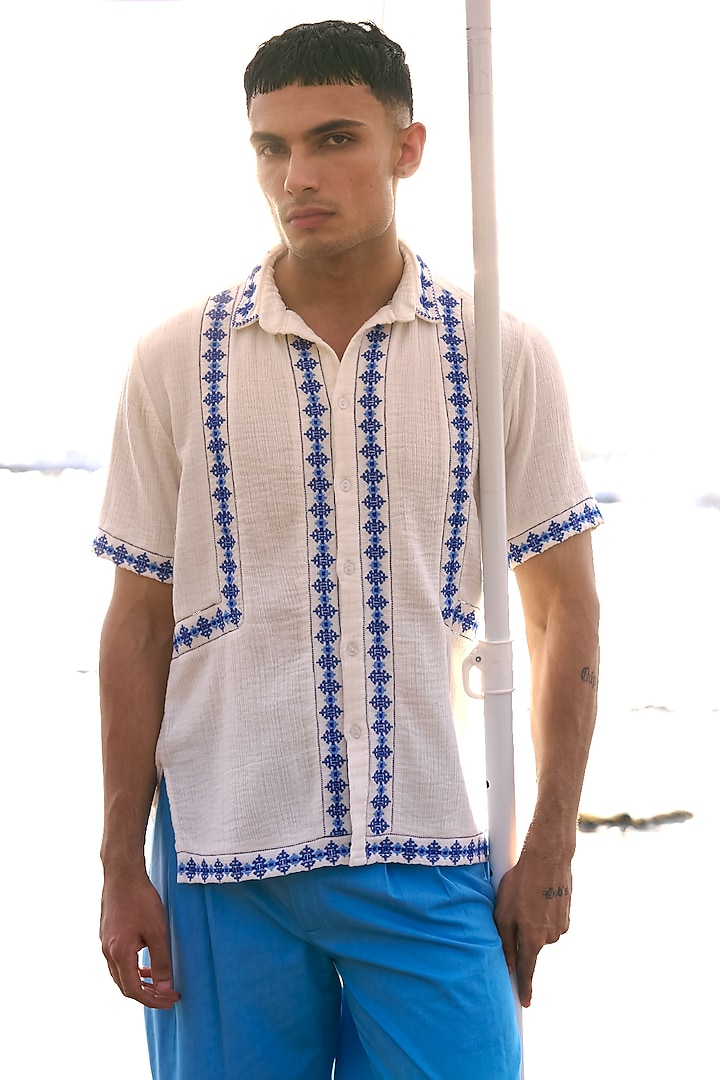 White Organic Cotton Embroidered Shirt by Dash and Dot Men