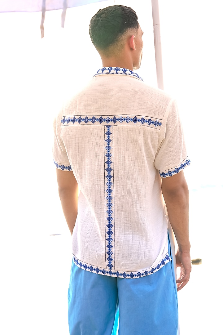 White Organic Cotton Embroidered Summer Shirt by Dash and Dot Men at Pernia's Pop Up Shop