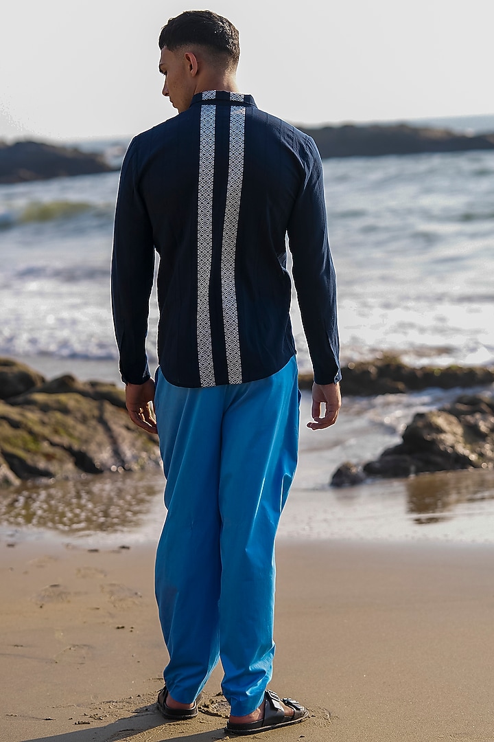 Navy Blue Cotton Machine Embroidered Summer Shirt by Dash and Dot Men at Pernia's Pop Up Shop