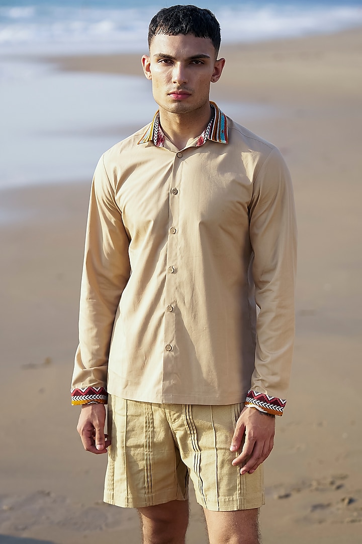 Khaki Cotton Poplin Shirt by Dash and Dot Men