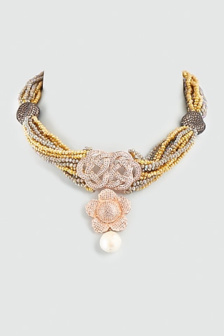 Mustard Yellow Crystals & Zircons Choker Necklace by Desi Bijouu