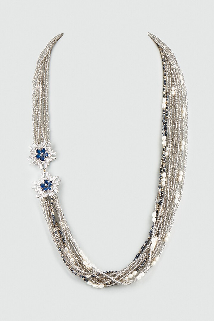 Light Grey Floral Pendants & Crystals Necklace by Desi Bijouu at Pernia's Pop Up Shop