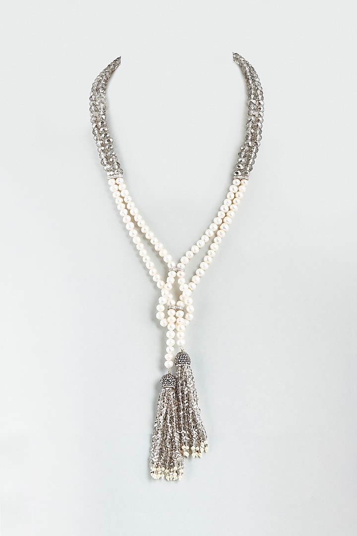 Grey-Brown Beaded Necklace With Pearls & Crystals by Desi Bijouu at Pernia's Pop Up Shop