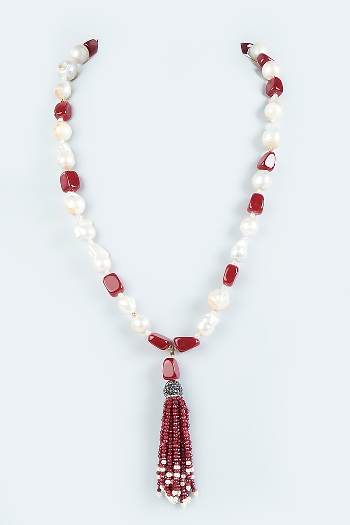 White & Red Beaded Necklace by Desi Bijouu