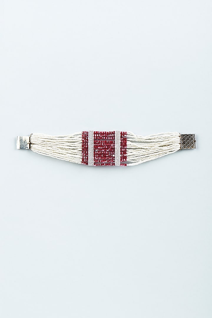 Red & White Beaded Bracelet by Desi Bijouu