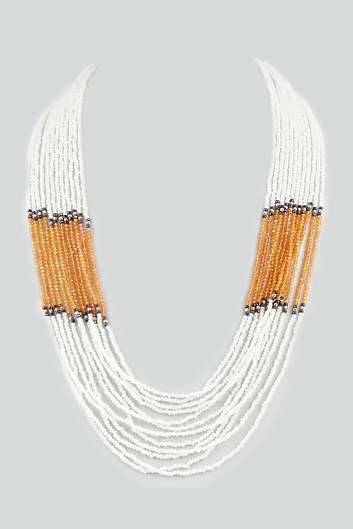 White & Orange Beaded Necklace by Desi Bijouu