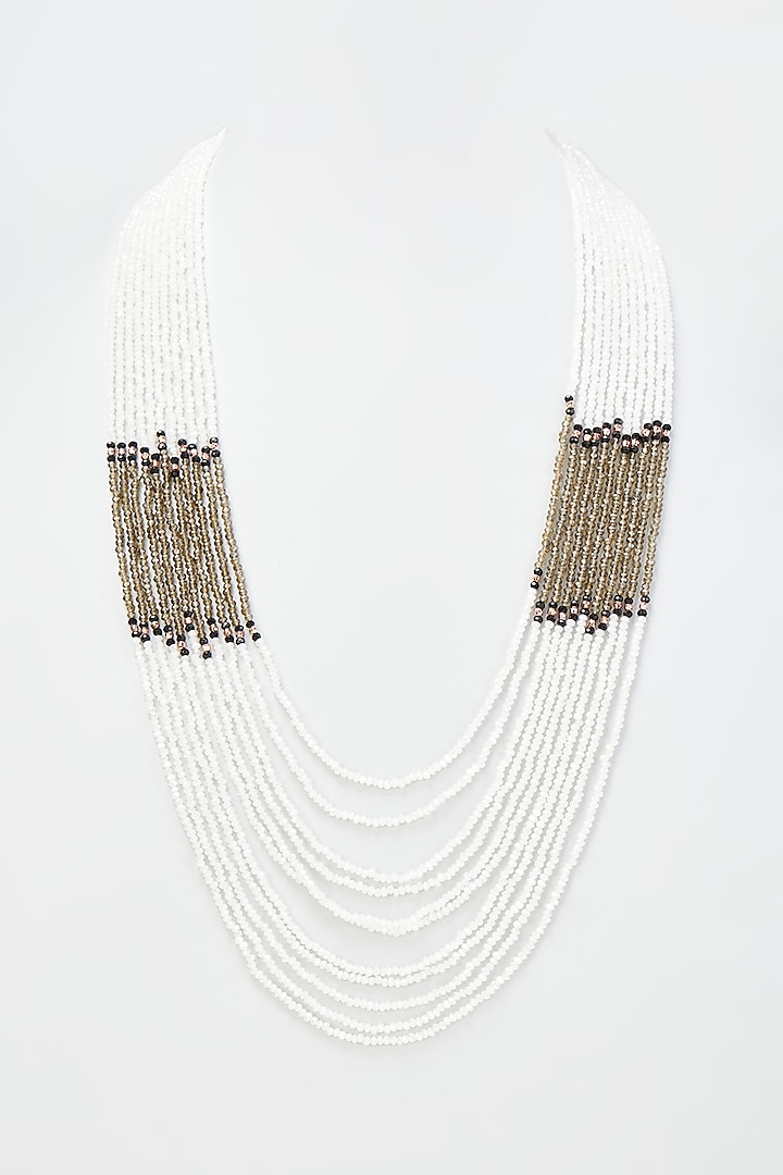 White & Gold Crystal Layered Necklace by Desi Bijouu