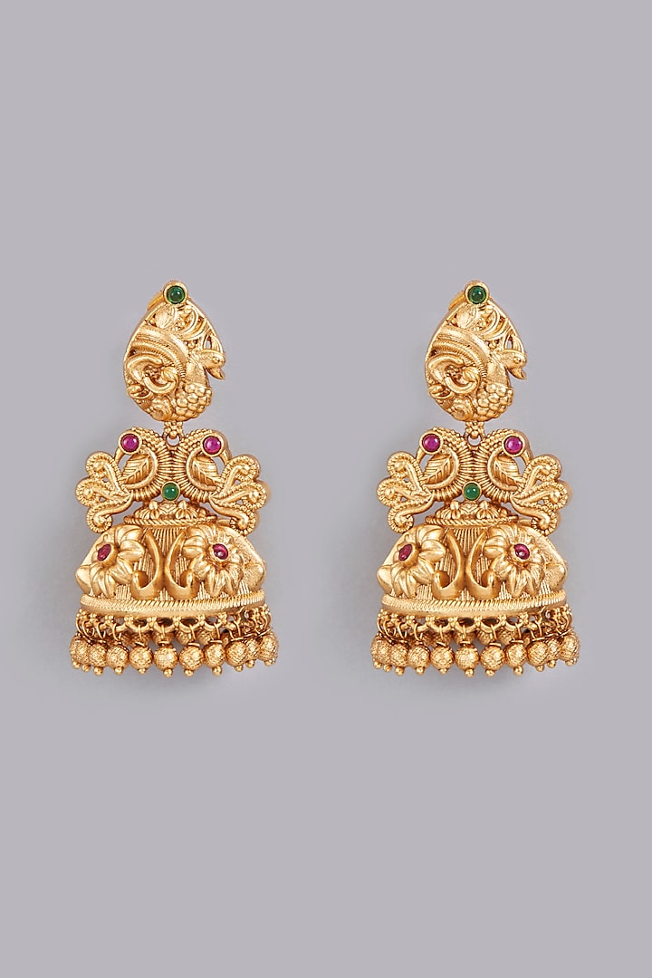 Gold Finish Temple Jhumka Earrings by Desi Bijouu at Pernia's Pop Up Shop