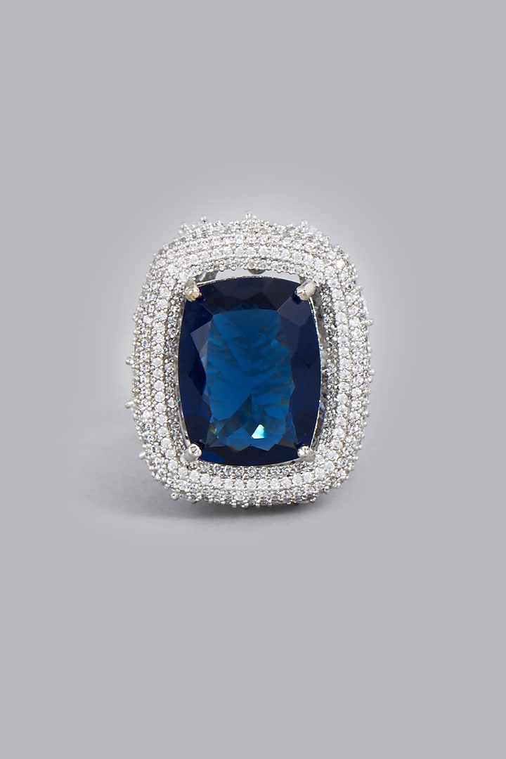 White Finish Blue Synthetic Stones & Zircons Ring by Desi Bijouu