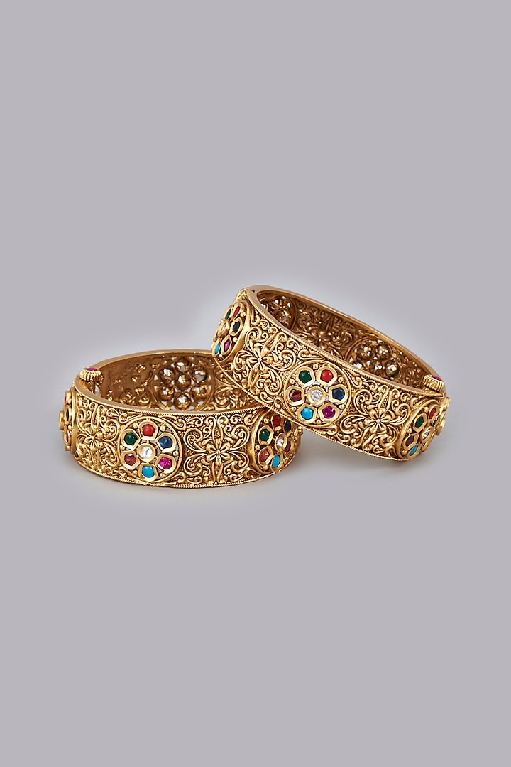 Gold Finish Kundan Polki Bangles (Set Of 2) by Desi Bijouu