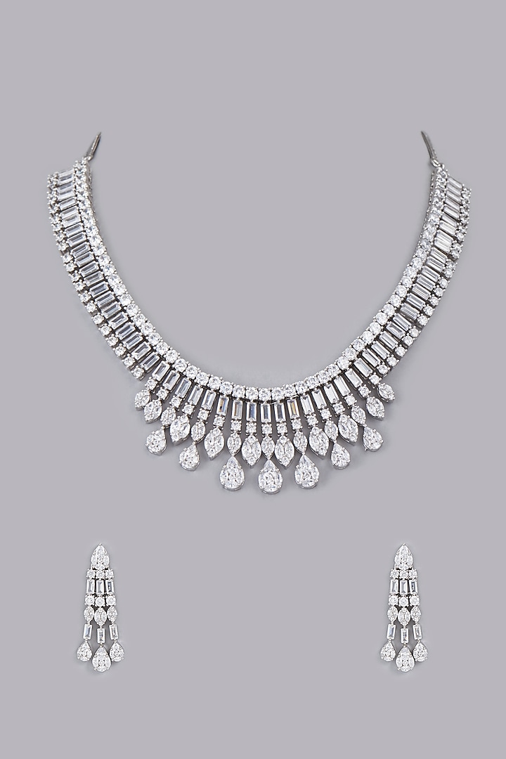 White Finish Zircons Necklace Set by Desi Bijouu