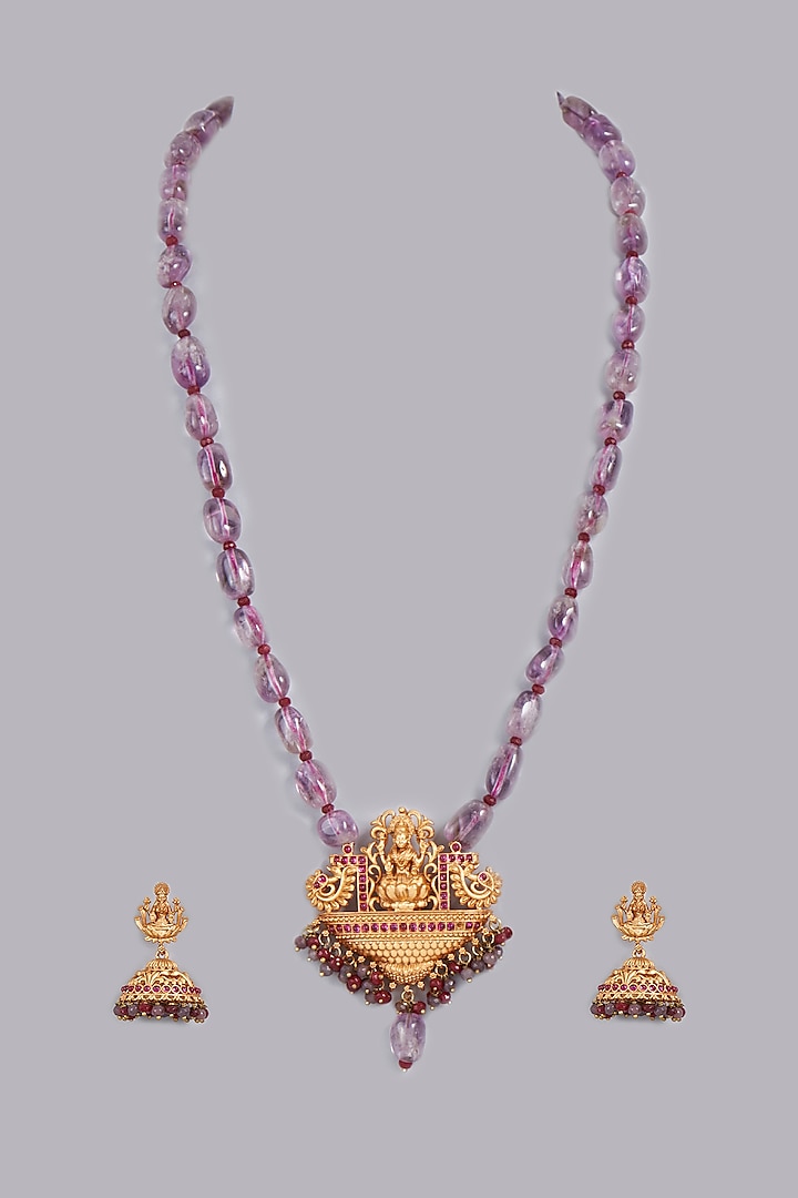 Gold Finish Amethyst Necklace Set by Desi Bijouu