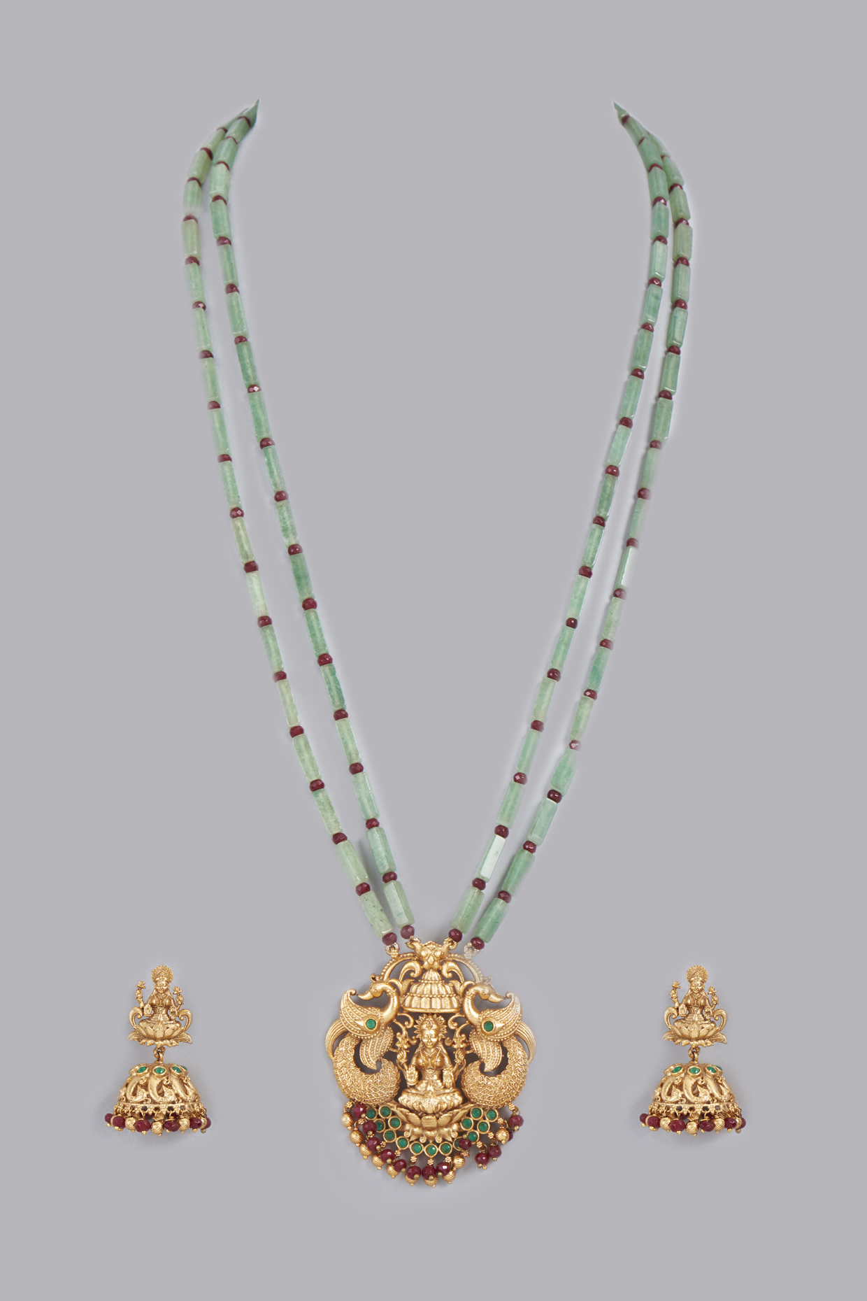 Gold Finish Kundan Polki Temple Necklace Set by Desi Bijouu