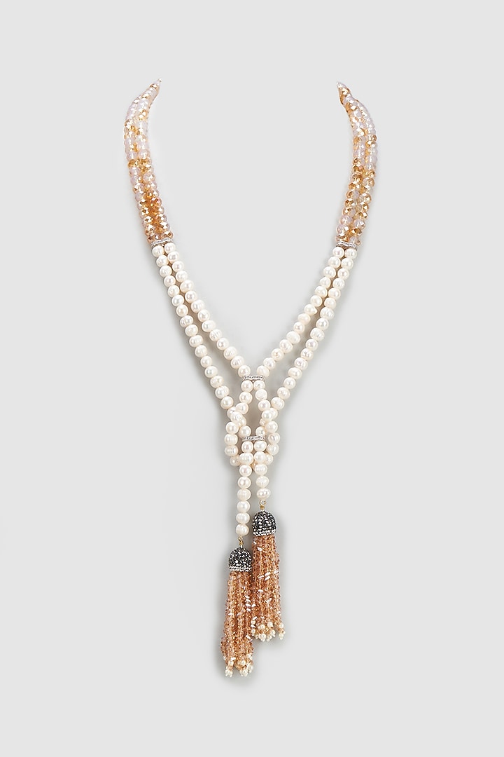 Black Rhodium Finish Crystal & Pearl Mala by Desi Bijouu at Pernia's Pop Up Shop