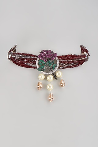 White Finish Red Crystal & Pearl Choker Necklace by Desi Bijouu