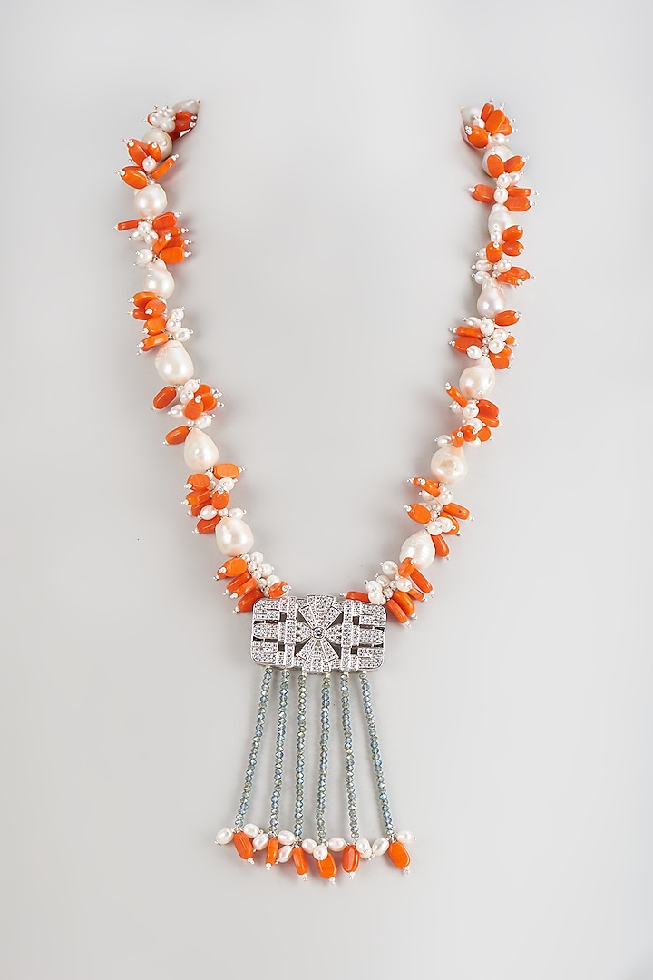 White Finish Crystal & Pearl Long Necklace by Desi Bijouu