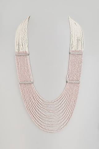 White Finish Beaded Long layered Necklace by Desi Bijouu