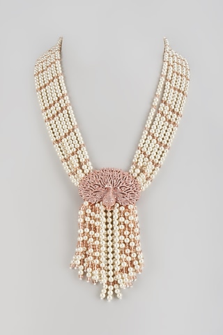 Rose Gold Finish Crystal & Pearl Long Necklace by Desi Bijouu