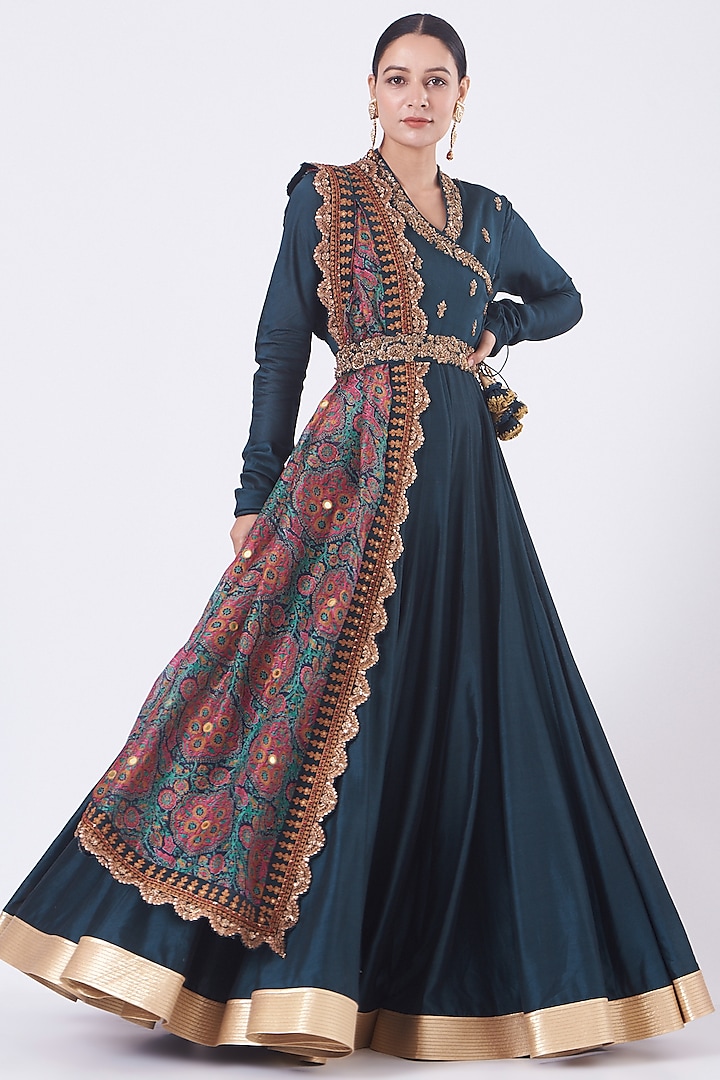 Opal Blue Angrakha Kalidar Anarkali Set by Debyani