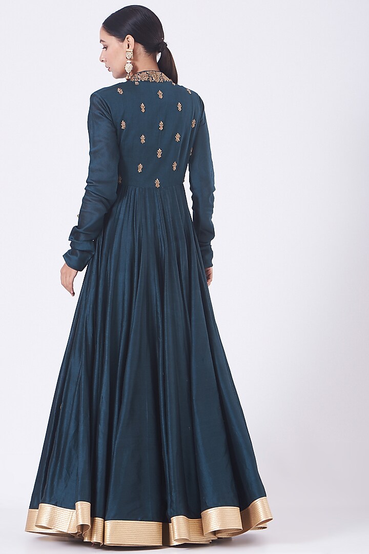 Opal Blue Angrakha Kalidar Wedding Anarkali Set by Debyani at Pernia's Pop Up Shop