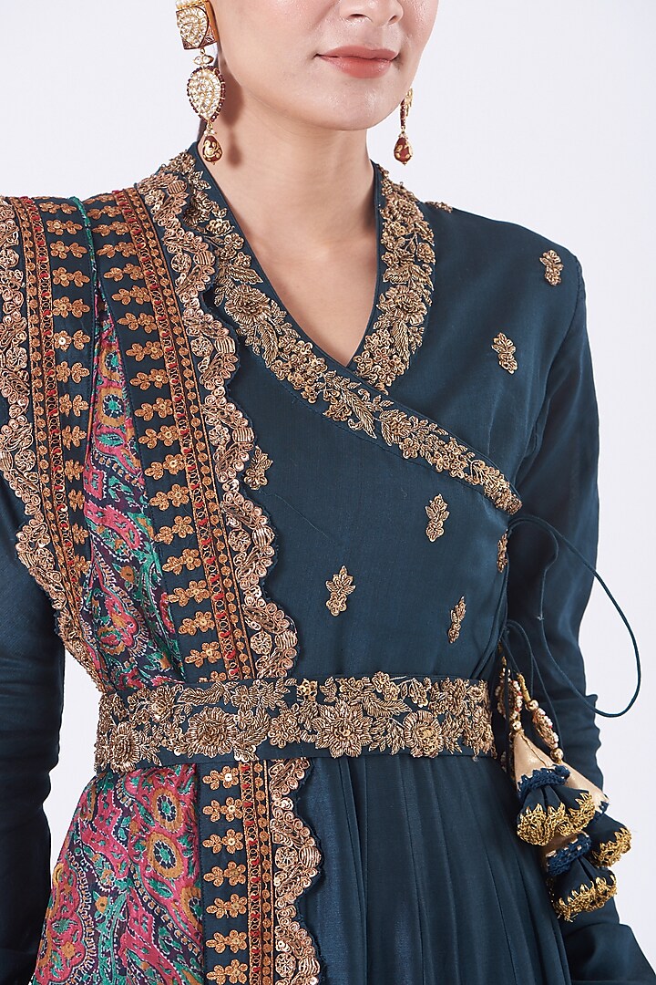 Opal Blue Angrakha Kalidar Wedding Anarkali Set by Debyani at Pernia's Pop Up Shop