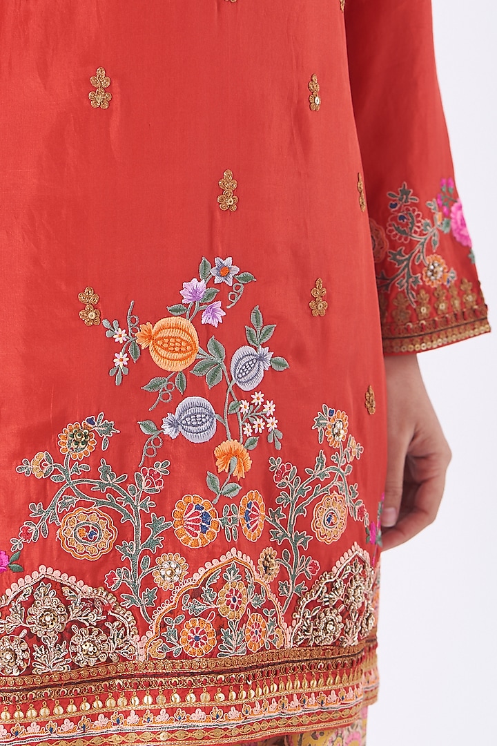 Bright Red Habutai Silk Kurta Set by Debyani at Pernia's Pop Up Shop