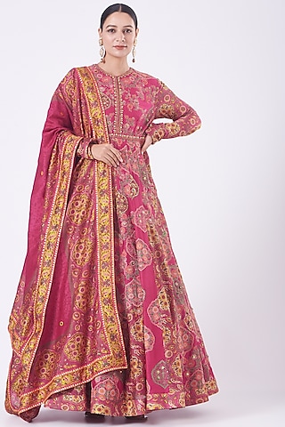 Magenta Printed Anarkali Set by Debyani