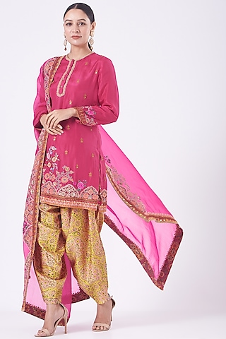 Magenta Habutai Silk Kurta Set by Debyani